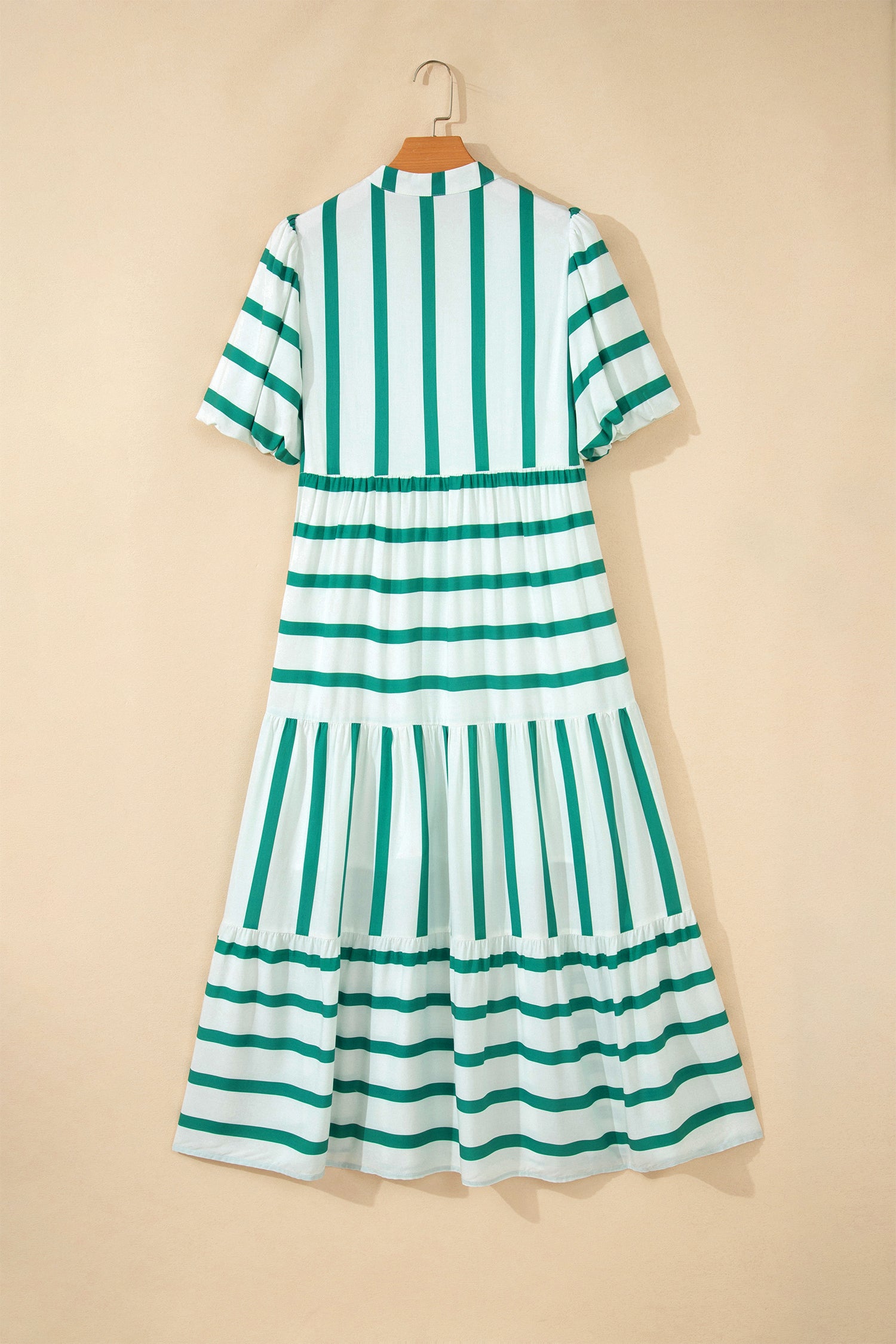 Green Stripe Ricrac Trim Notched Neck Half Sleeve Vacation Dress