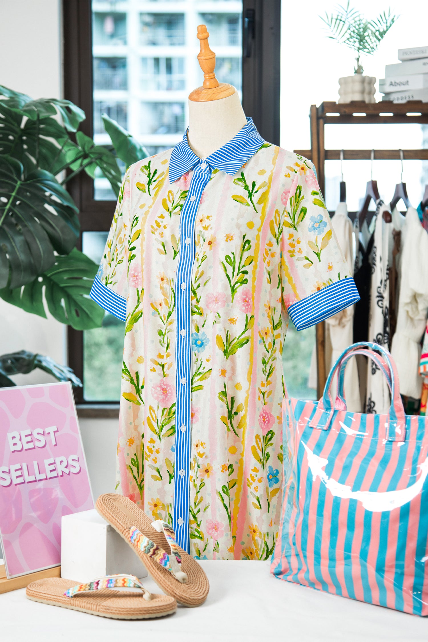 Multicolour Floral Print Striped Trim Button Down Shift Dress