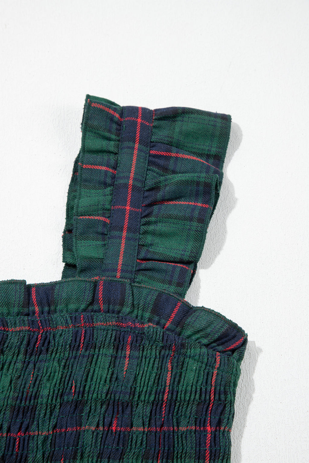 Green Plaid Ruffle Sleeveless Shirred Bodice Tiered Midi Dress