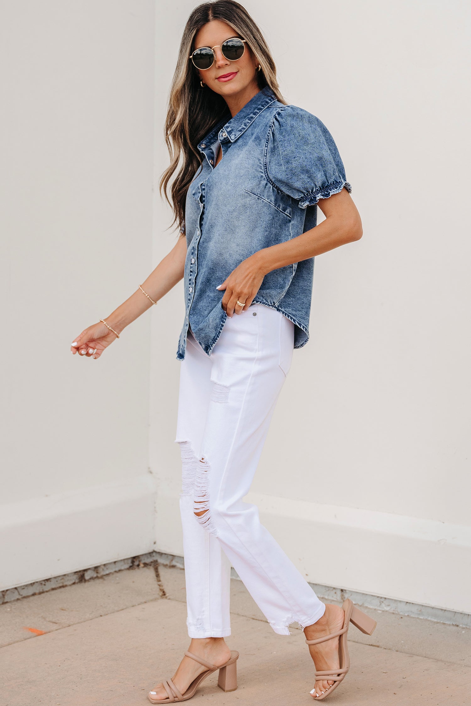 Frilled Short Sleeve Denim Shirt