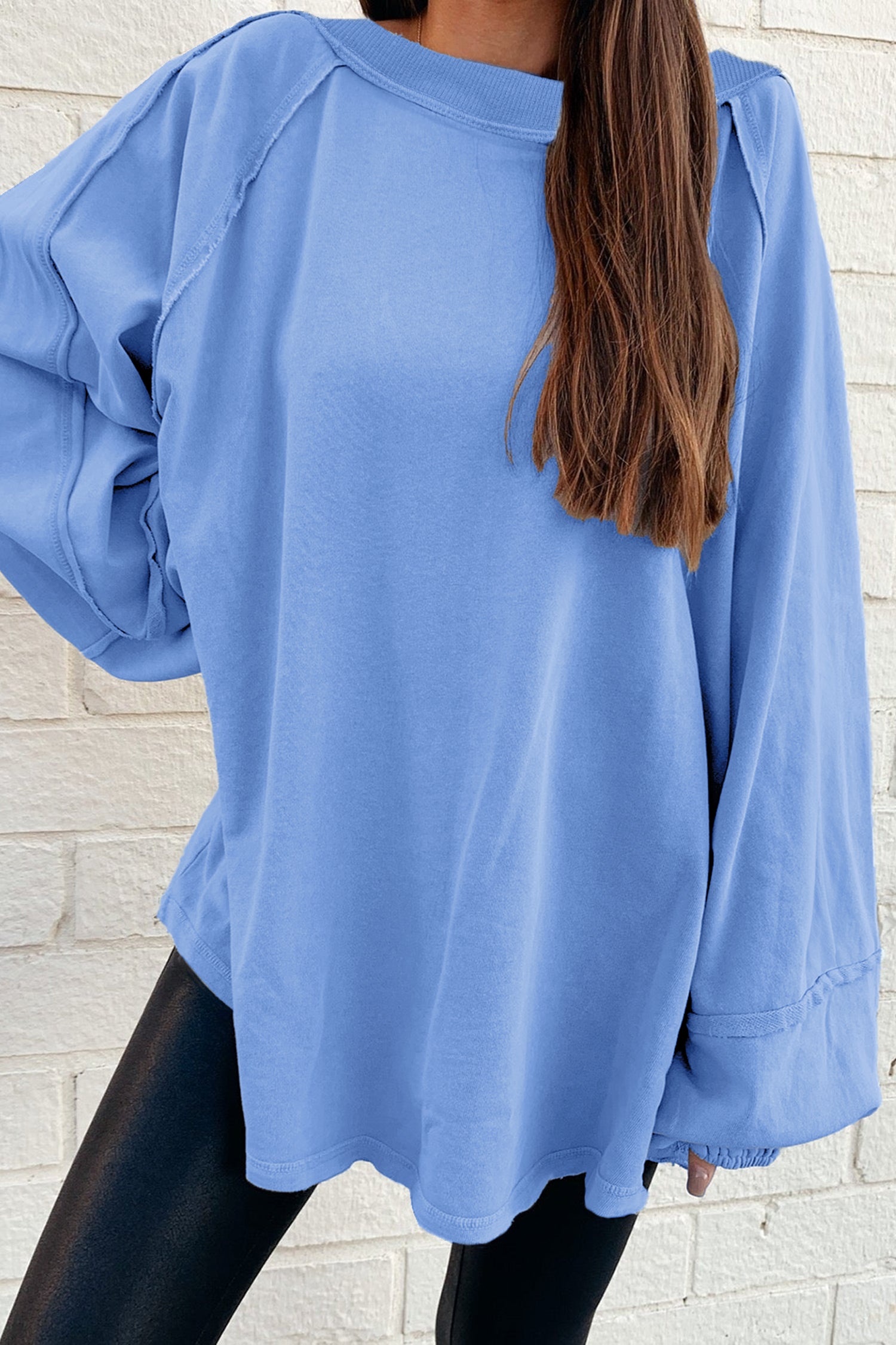 Beige Solid Color Raw Seam Patchwork Baggy Sweatshirt