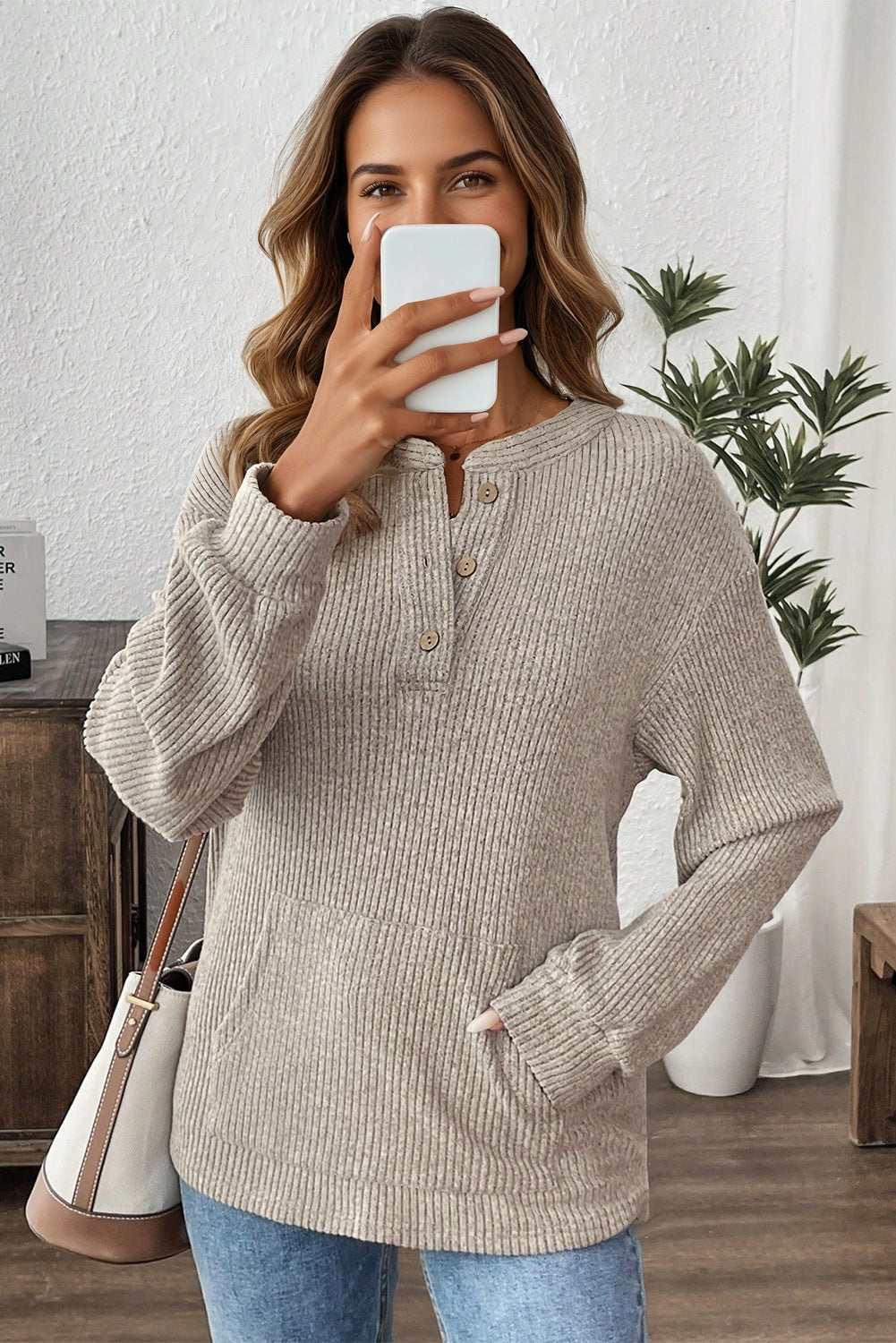 Pink Ribbed Texture Drop Shoulder Henley Knit Top