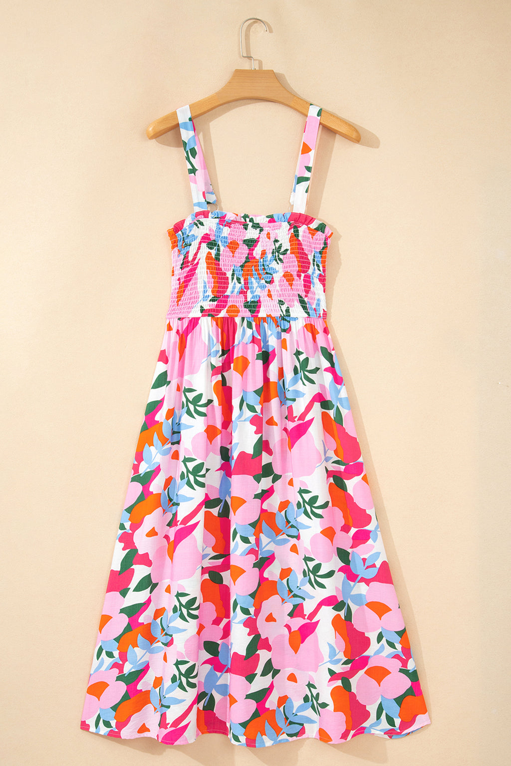 Pink Floral Print Adjustable Straps Smocked High Waist Sundress