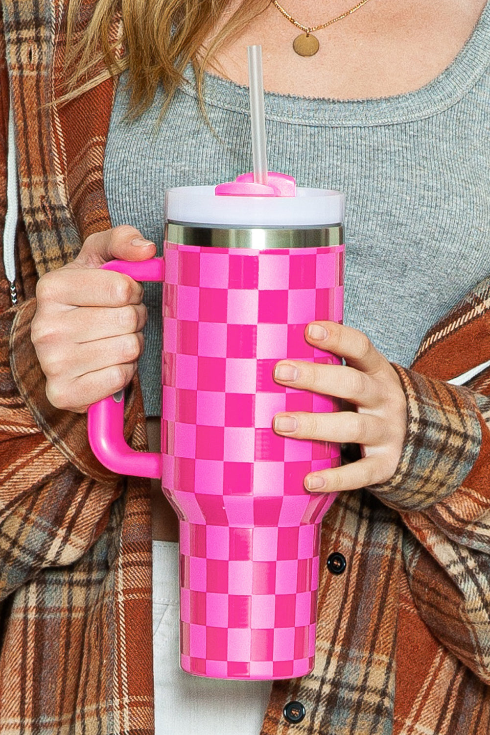 Bright Pink Checkered Tumbler 40oz