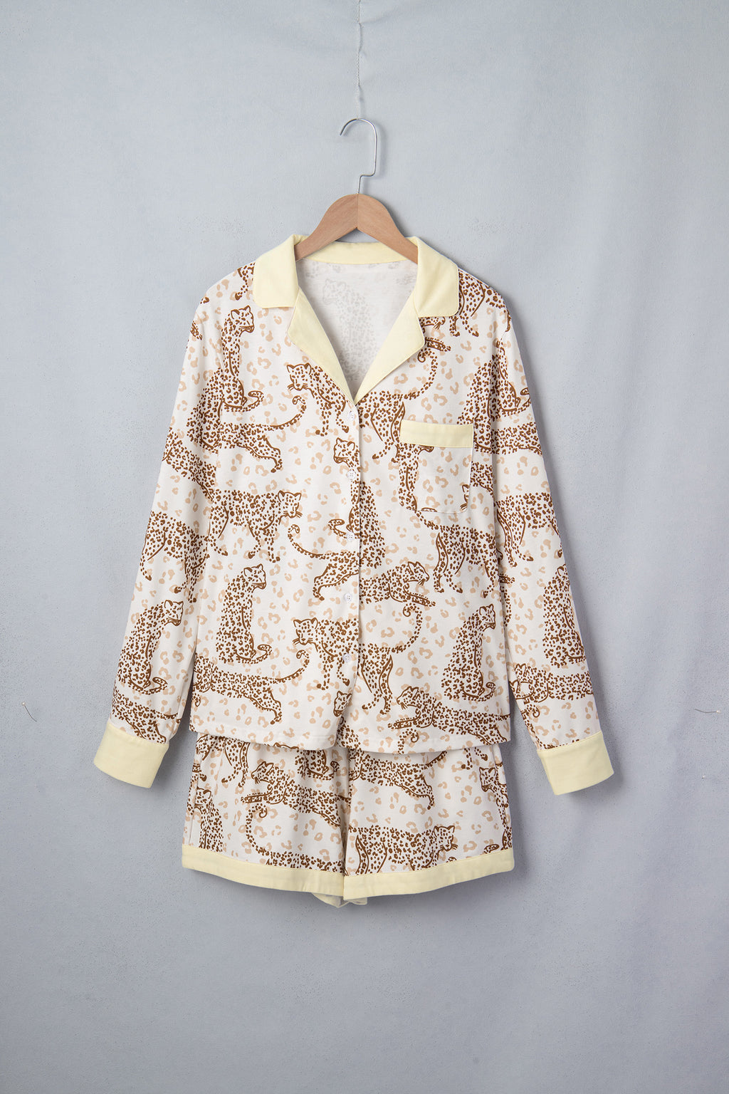 Yellow Leopard Print Colorblock Pocket Placket Long Sleeve Lounge Set