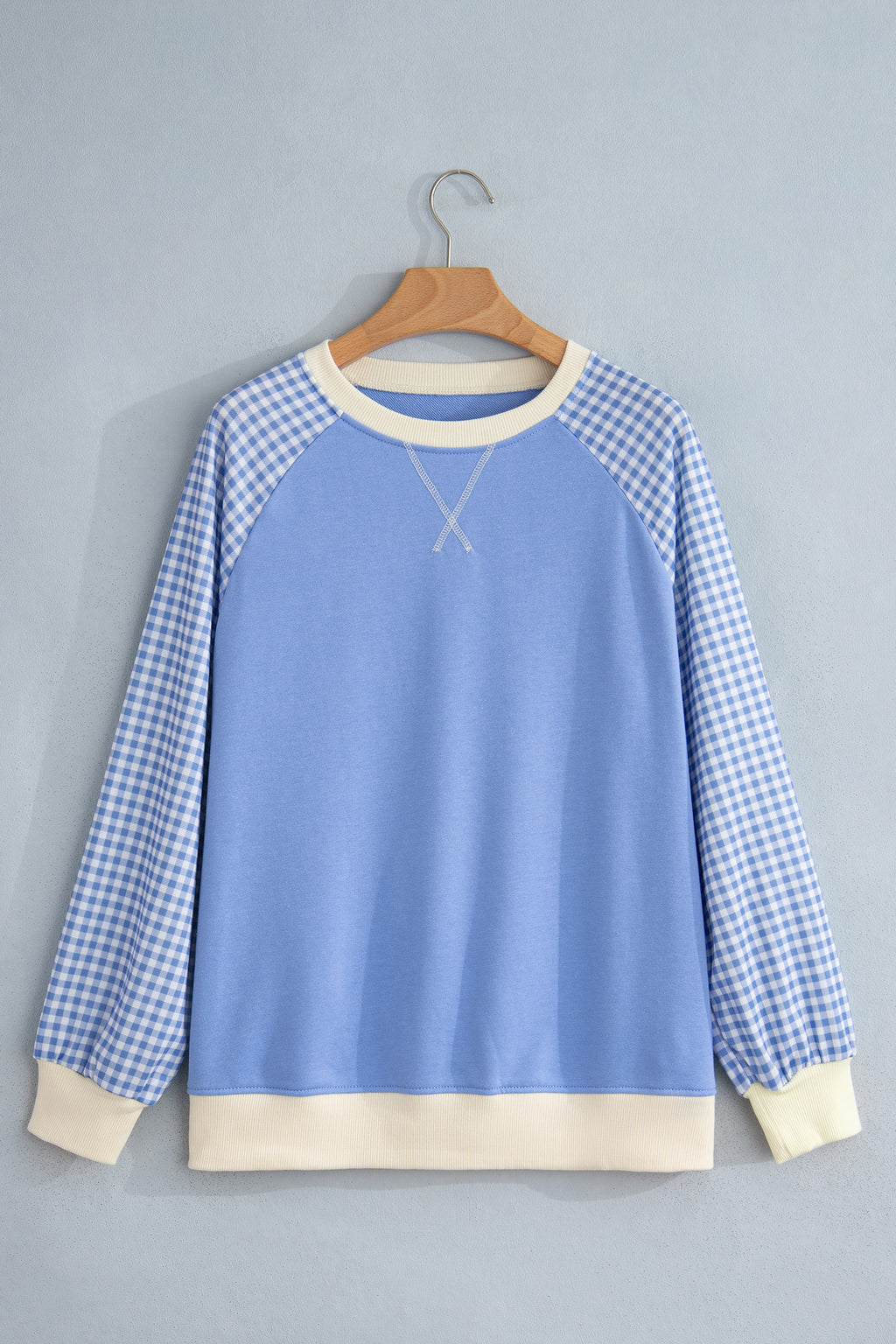 Light Blue Plaid Sleeve Colorblock Raglan Pullover Sweatshirt