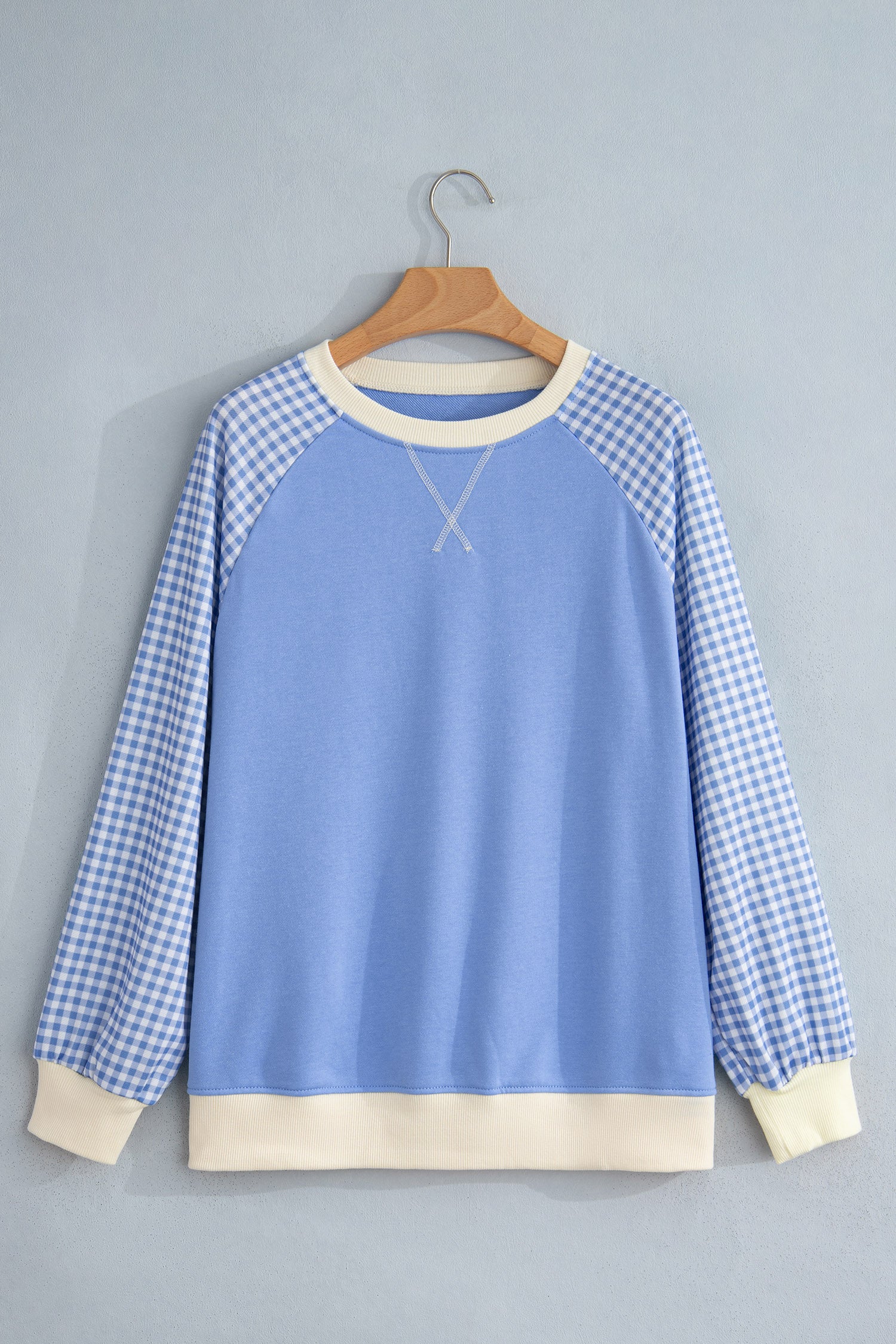 Light Blue Plaid Sleeve Colorblock Raglan Pullover Sweatshirt