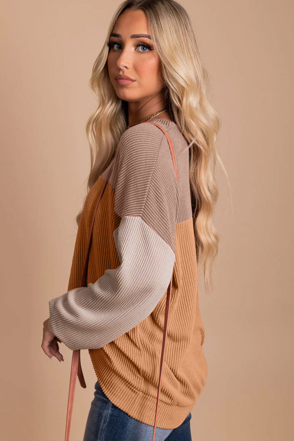 Fiery Red Color Block Long Sleeve Ribbed Loose Top