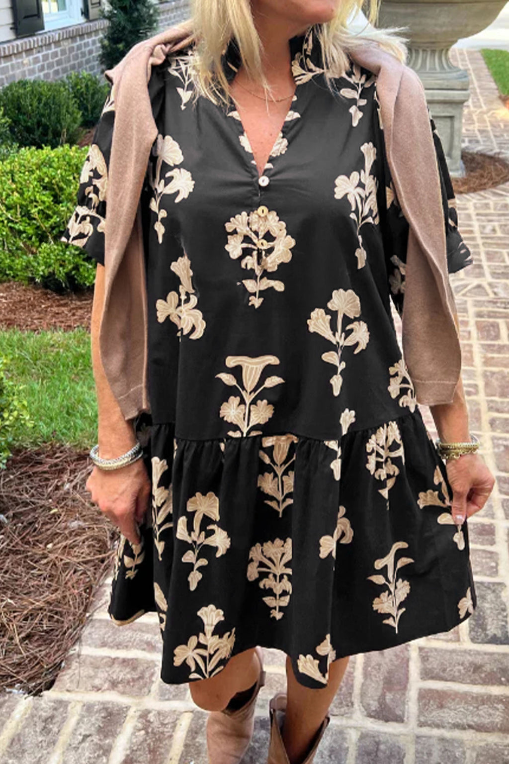 Black Frilled Floral Mini Dress