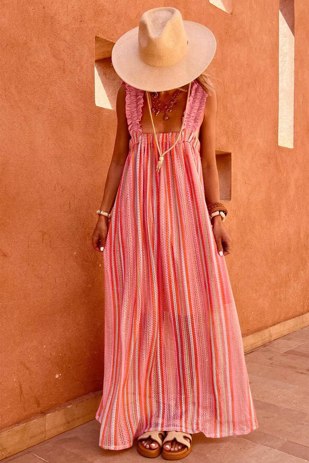 Pink Stripe Ruffled Vacation Maxi Dress
