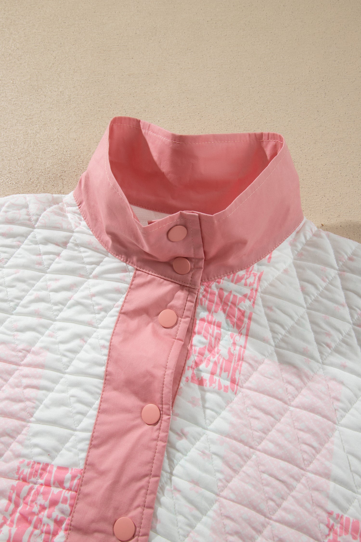 Pink Floral Quilted Half Button Pocketed Pullover Sweatshirt