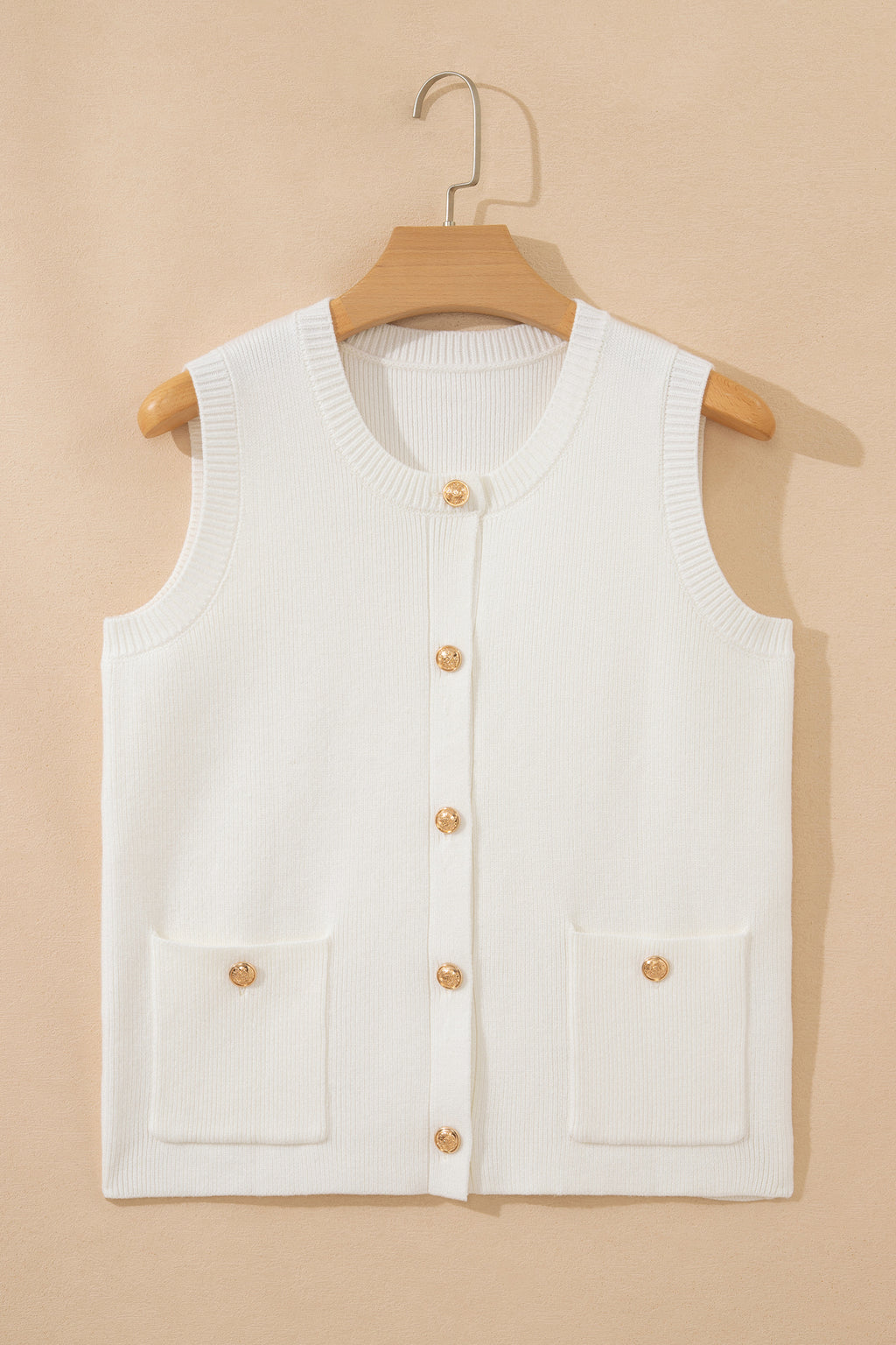 White Solid Color Sleeveless Knit Button Pocketed Sweater