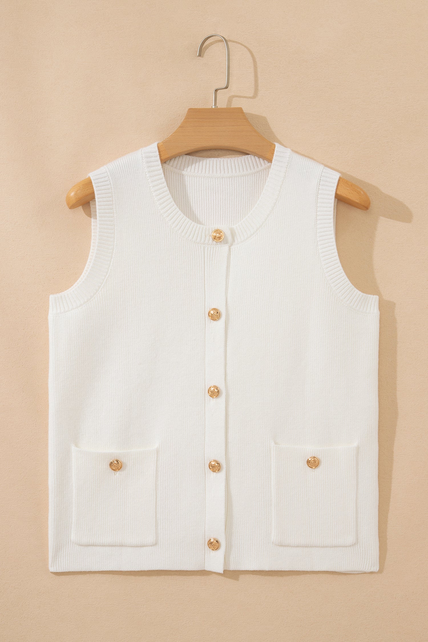 White Solid Color Sleeveless Knit Button Pocketed Sweater