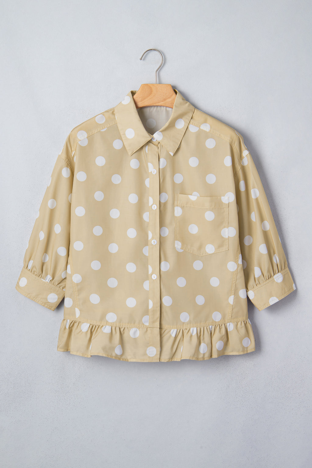 Khaki Polka Dot Print Three Quarter Sleeve Ruffle Hem Casual Shirt