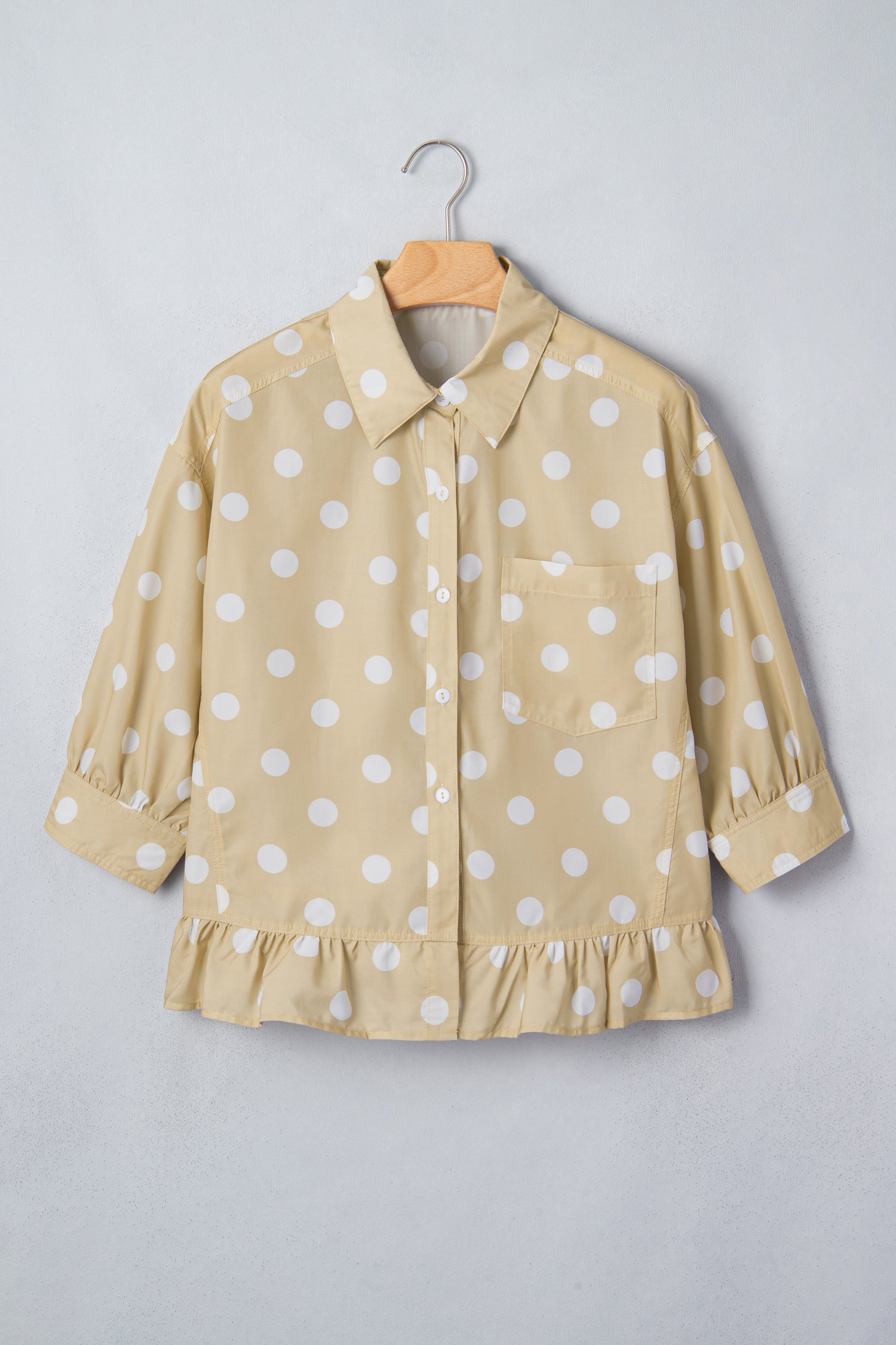Khaki Polka Dot Print Three Quarter Sleeve Ruffle Hem Casual Shirt