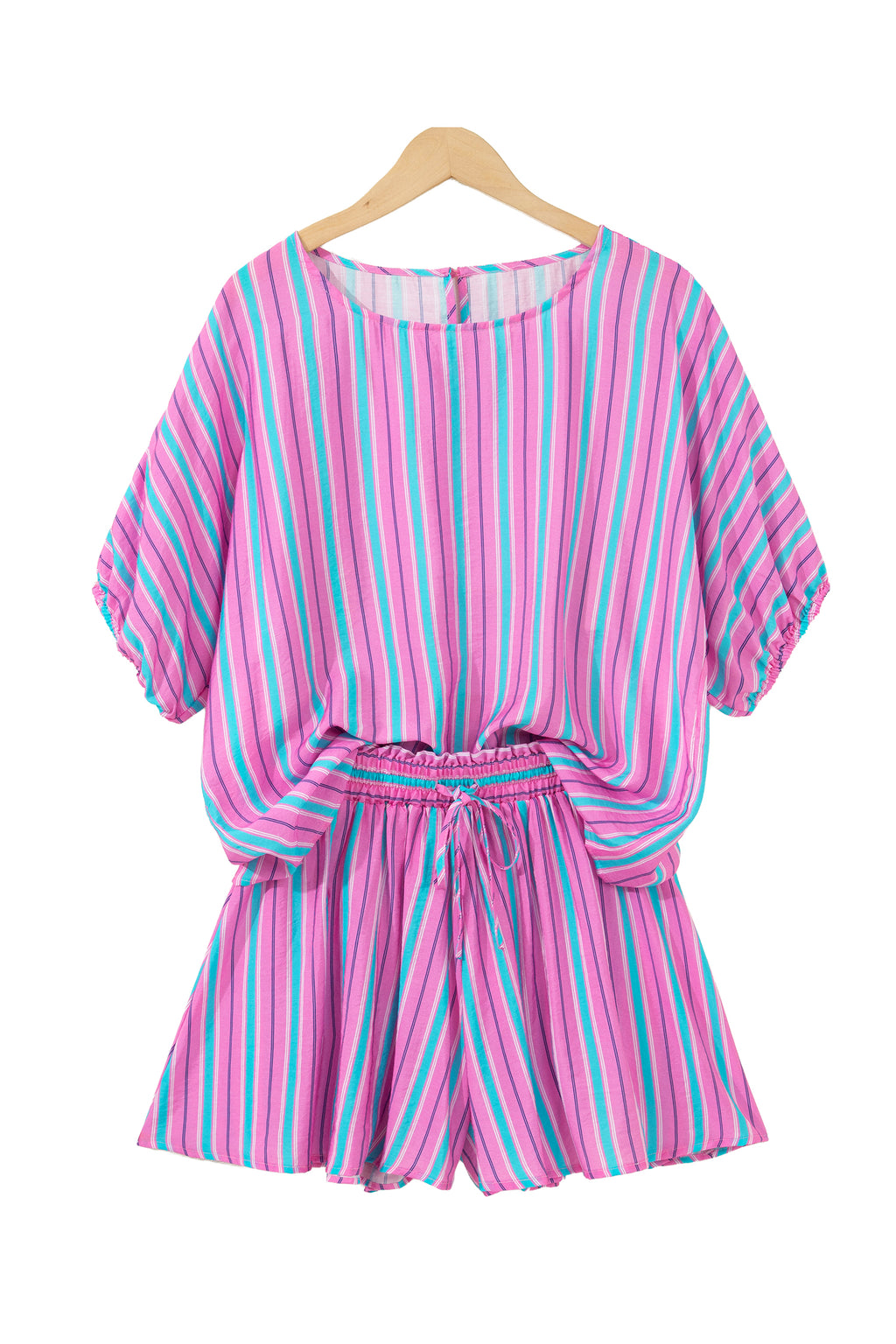 Pink Stripe Dolman Short Sleeve Blouse Drawstring Elastic Waist Loose Short Set