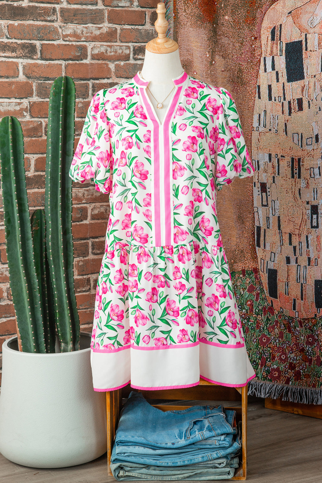 Multicolour Sweet Floral Print Striped Color Block Trim Short Dress