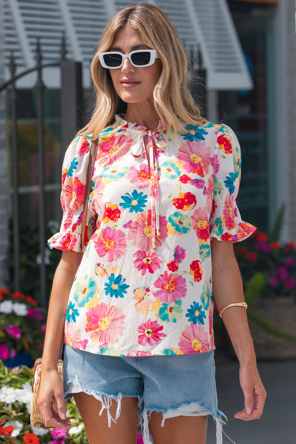 Beige Vibrant Summer Floral Blouse