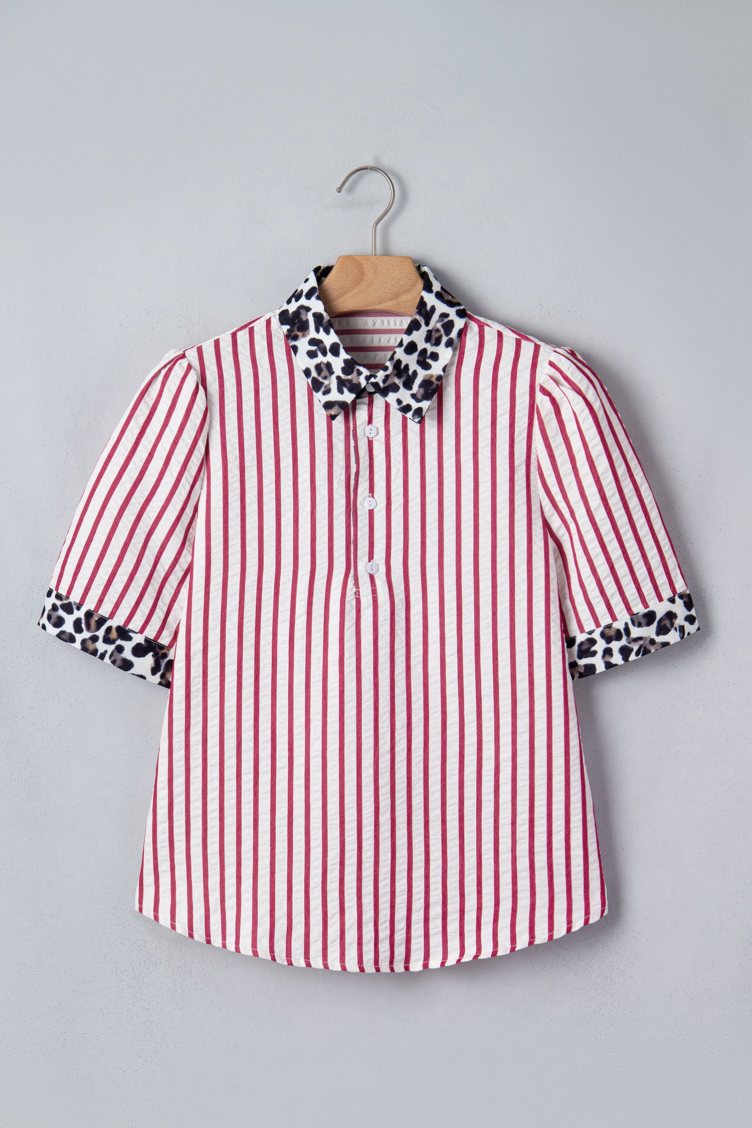 Red Stripe Leopard Contrast Trim Half Button Blouse