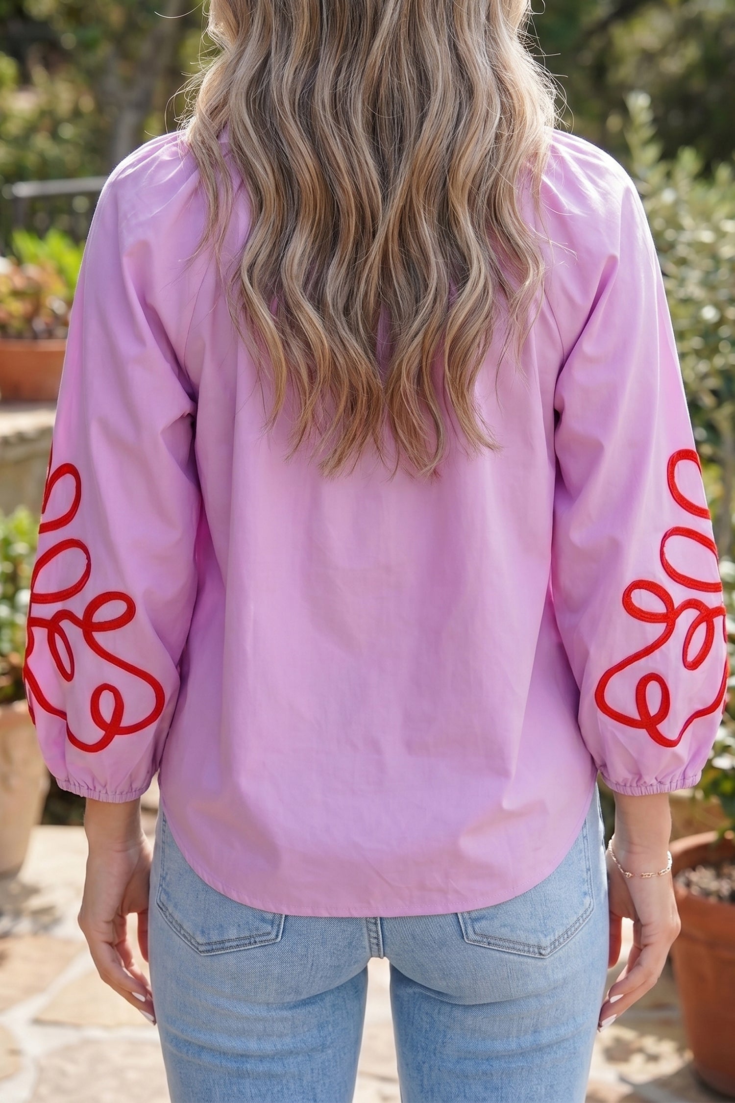 Orchid Bouquet Contrast Detail Long Sleeve Decorative Neckline Cotton Blouse
