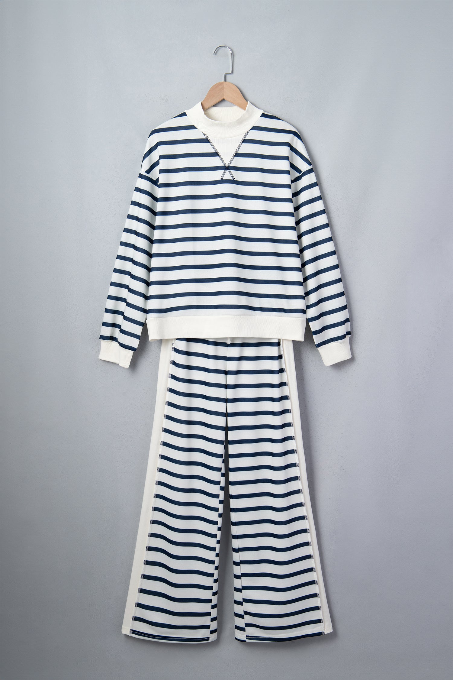 Blue Stripe Striped Ribbed Cuff Collar Pocket Loose Pant Set