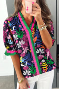Rose Floral Print Frilled Contrast Striped Trim V Neck Short Sleeve Blouse