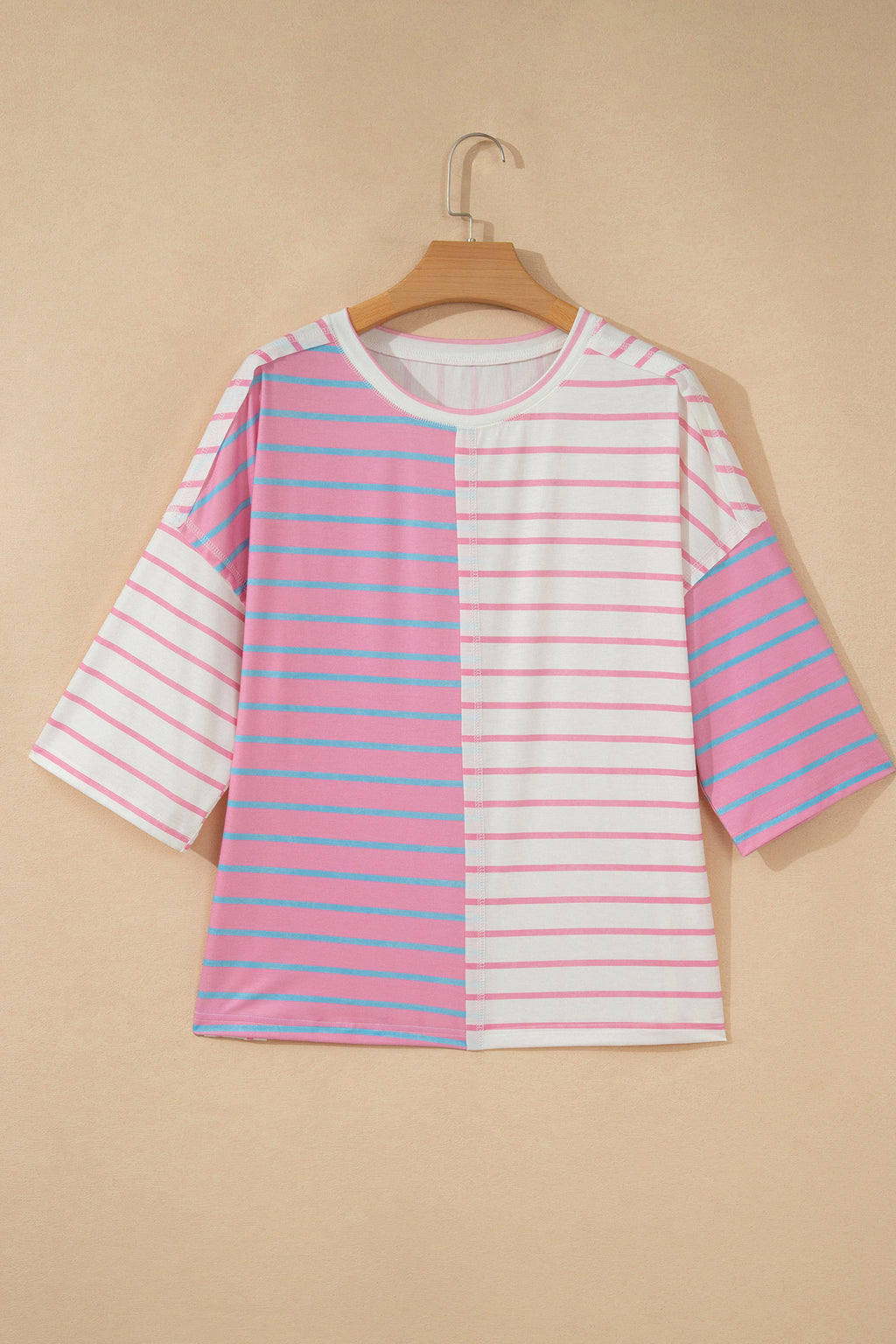 Green Stripe Colorblock 3/4 Sleeve Loose T Shirt