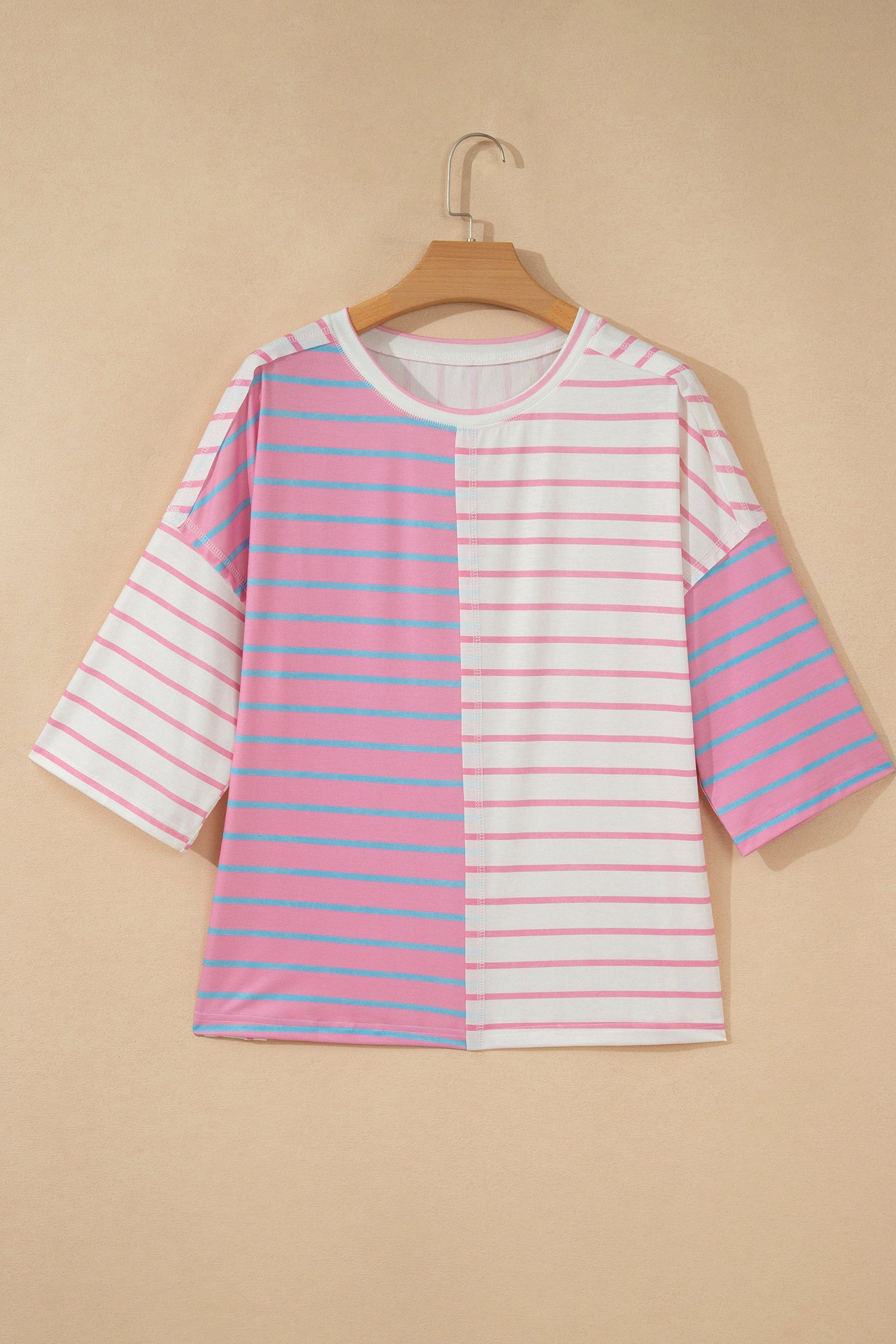 Green Stripe Colorblock 3/4 Sleeve Loose T Shirt