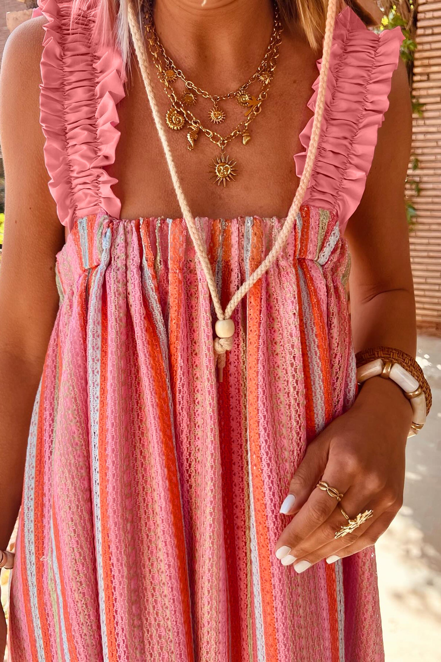 Pink Stripe Ruffled Vacation Maxi Dress
