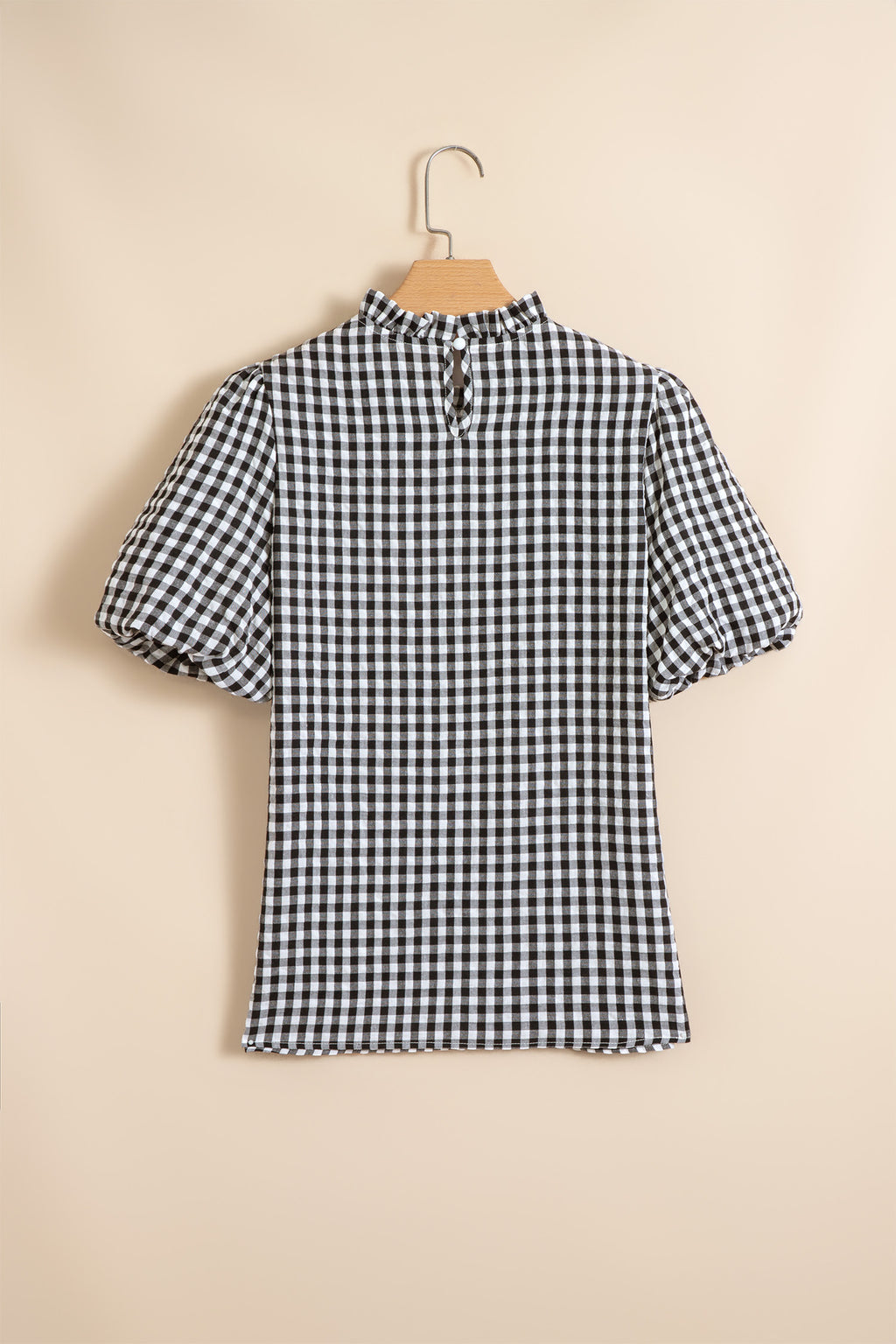 Black Plaid Short Puff Sleeve Frilled Neck Blouse