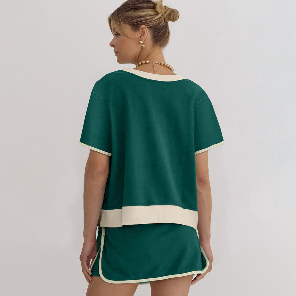 Moonlight Jade Colorblock Edge Drop Shoulder T Shirt and Skort 2Pcs Set