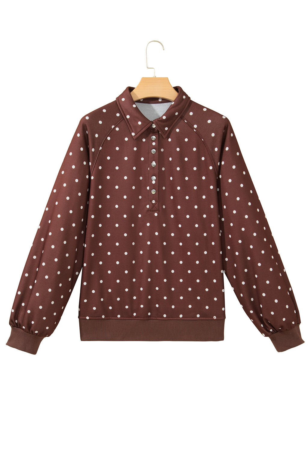 Brown Polka Dot Print Metal Button Collar Casual Pullover Sweatshirt