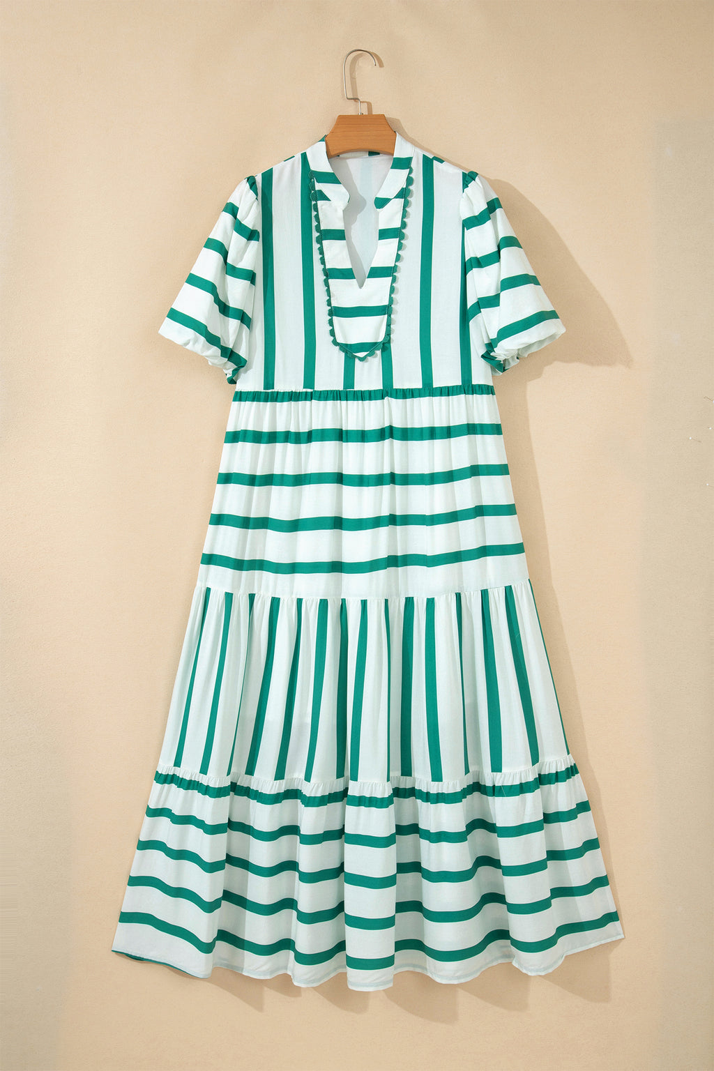 Green Stripe Ricrac Trim Notched Neck Half Sleeve Vacation Dress