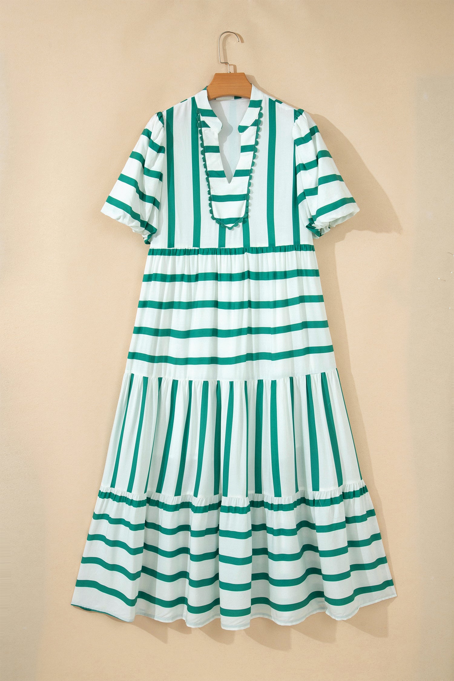 Green Stripe Ricrac Trim Notched Neck Half Sleeve Vacation Dress