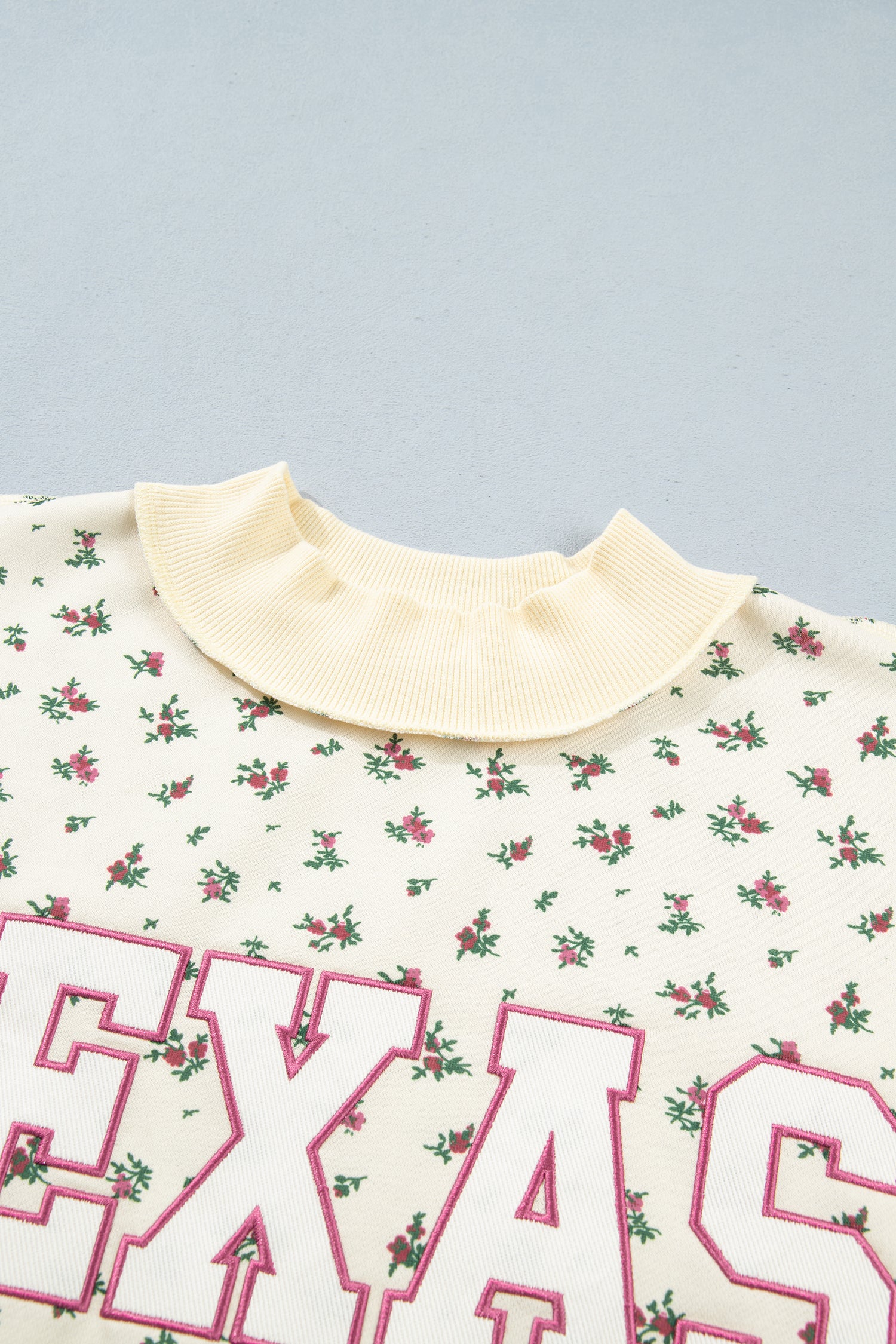 Beige Floral Print Stand Neck Long Sleeve Slogan Sweatshirt