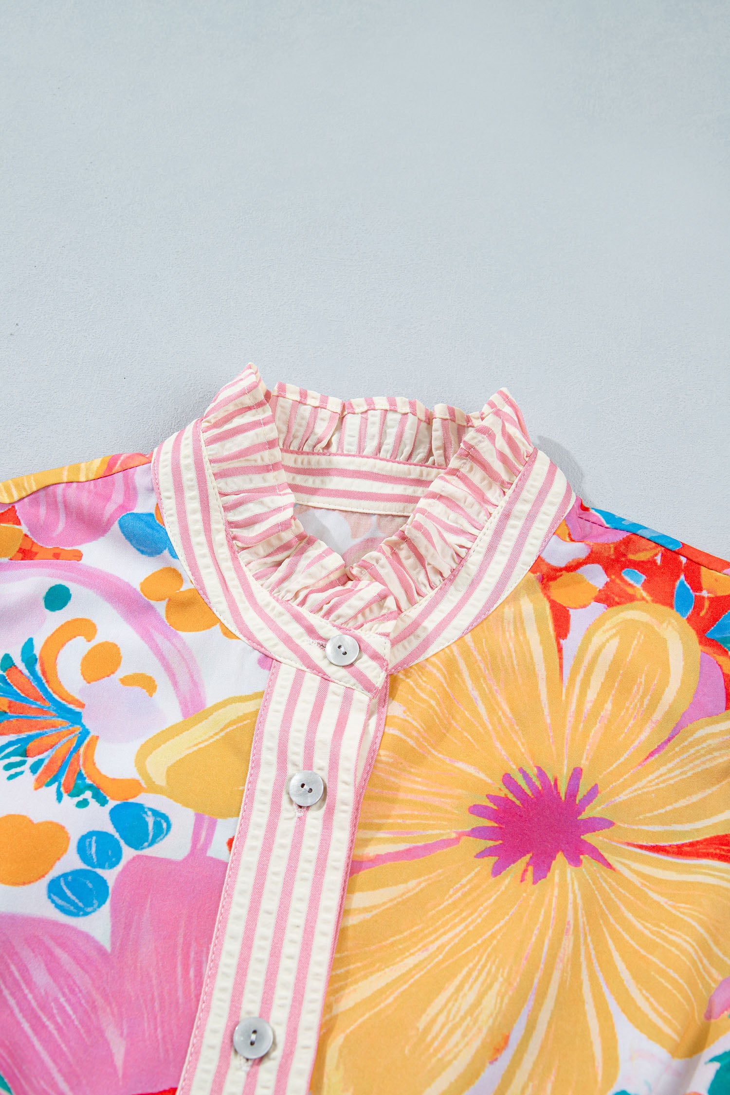 Pink Floral Print Striped Trim Button Down Short Sleeve Vacation Dress