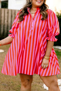 Rose Stripe Frilled Collar Button Neck Short Sleeve Curvy Mini Dress