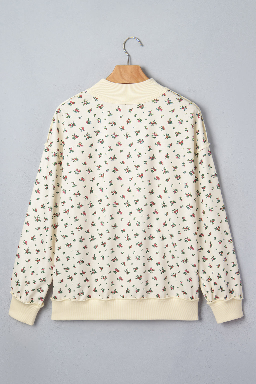 Beige Floral Print Stand Neck Long Sleeve Slogan Sweatshirt