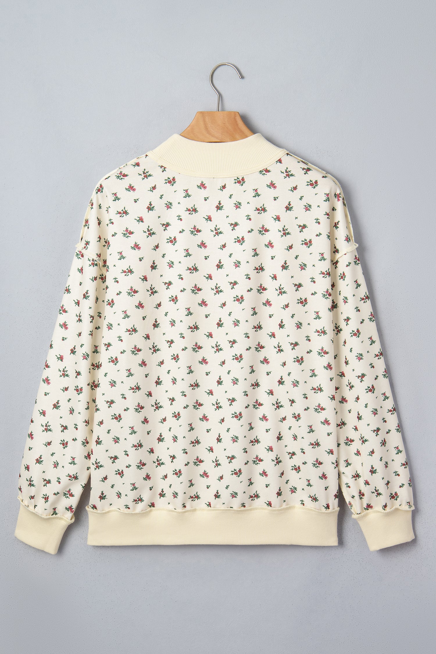 Beige Floral Print Stand Neck Long Sleeve Slogan Sweatshirt