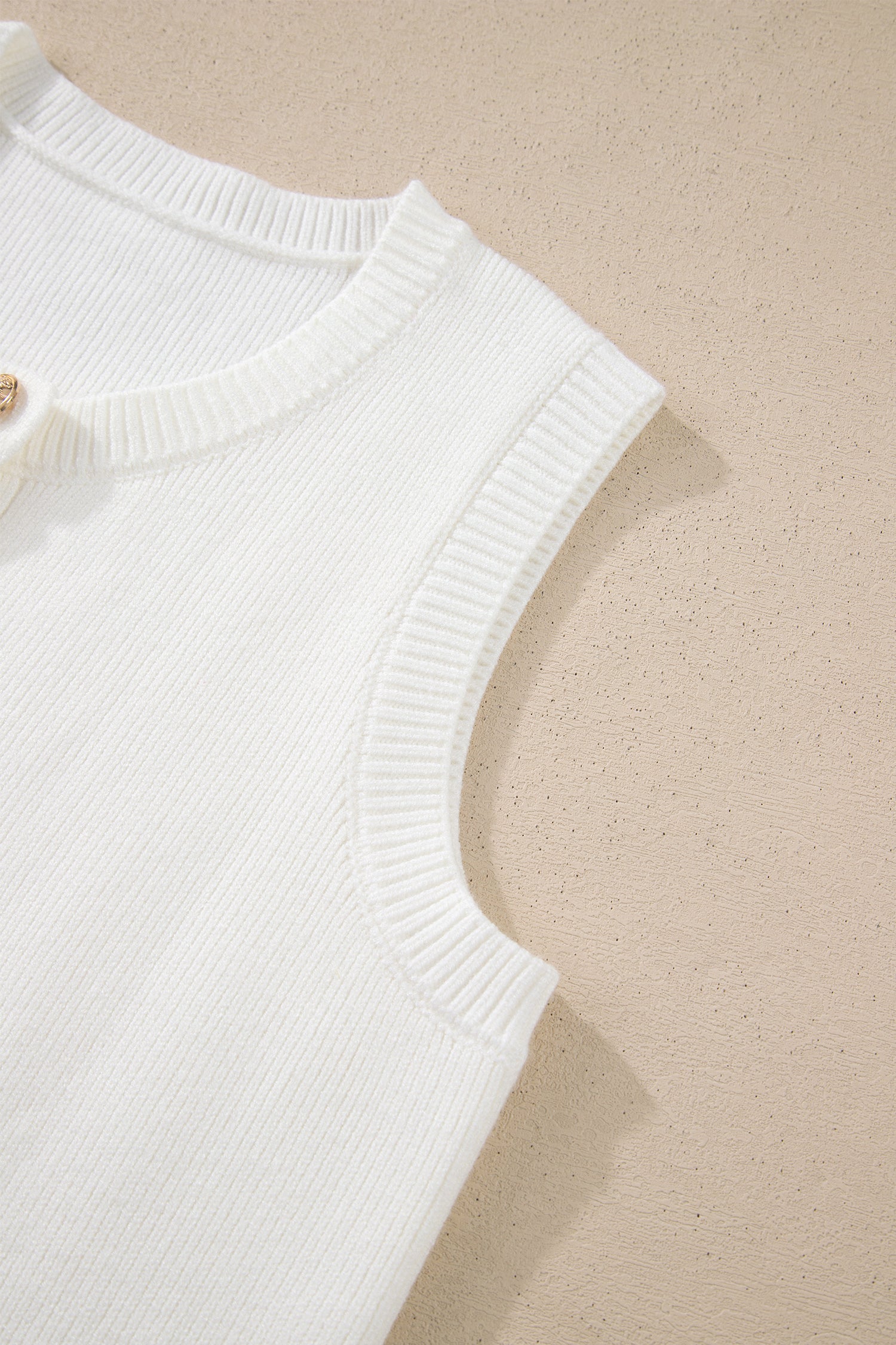 White Solid Color Sleeveless Knit Button Pocketed Sweater