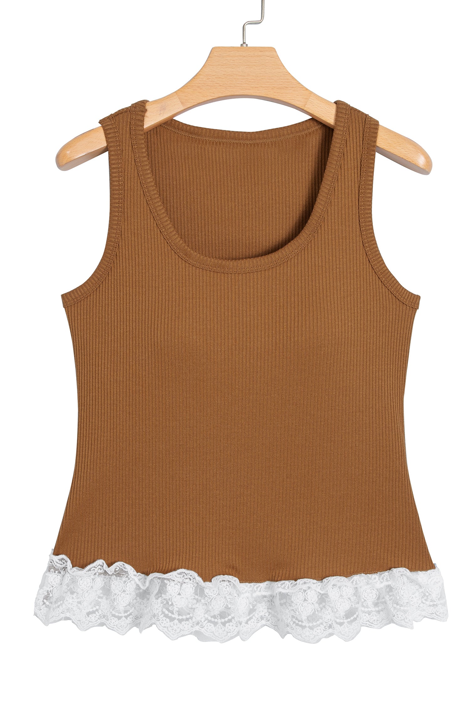 Beige Ribbed Knit Sweet Lace Hem Vest
