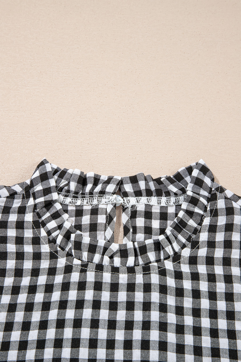 Black Plaid Short Puff Sleeve Frilled Neck Blouse
