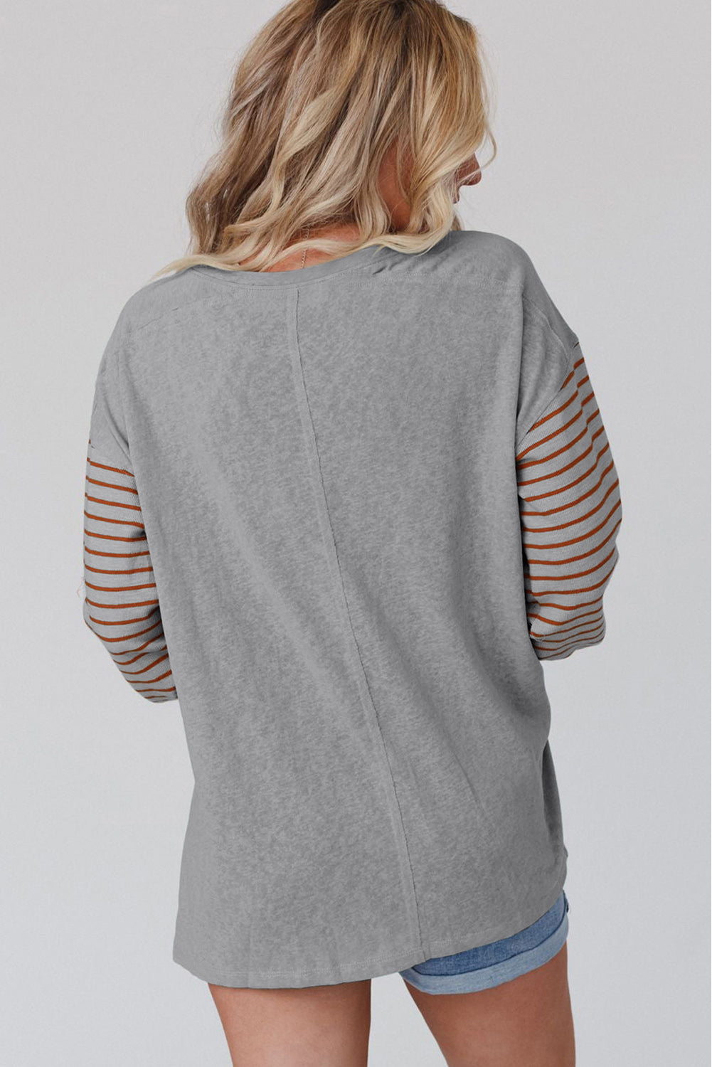 Light French Beige Colorblock Striped Bishop Sleeve Top