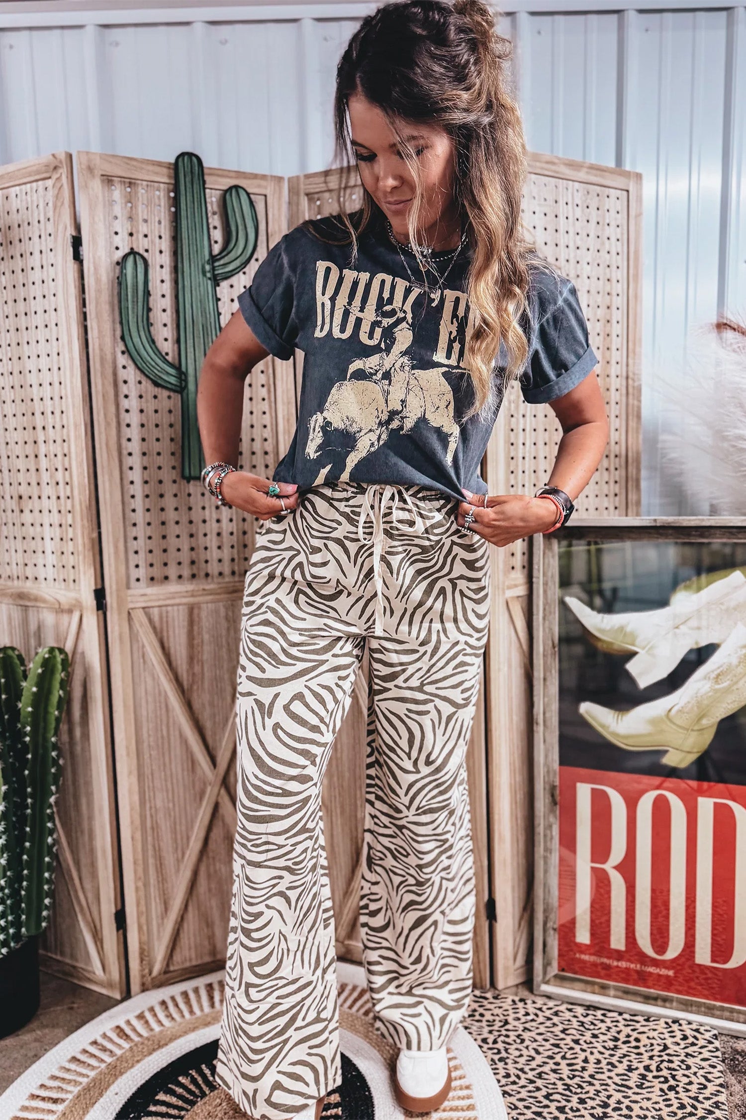 Multicolour Western Print Zebra Pattern Elastic Waist Pocket Full-Length Pants