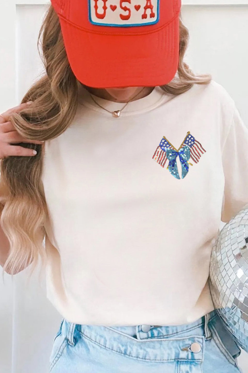White Patriotic Coquette Flag Sequin Graphic Tee