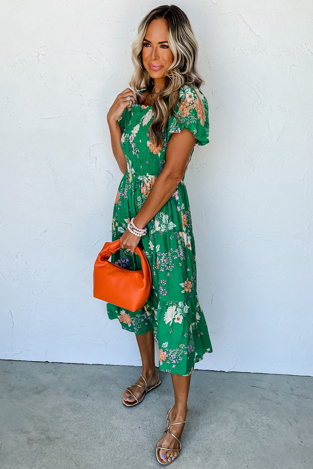 Floral Print Bubble Sleeve Midi Dress