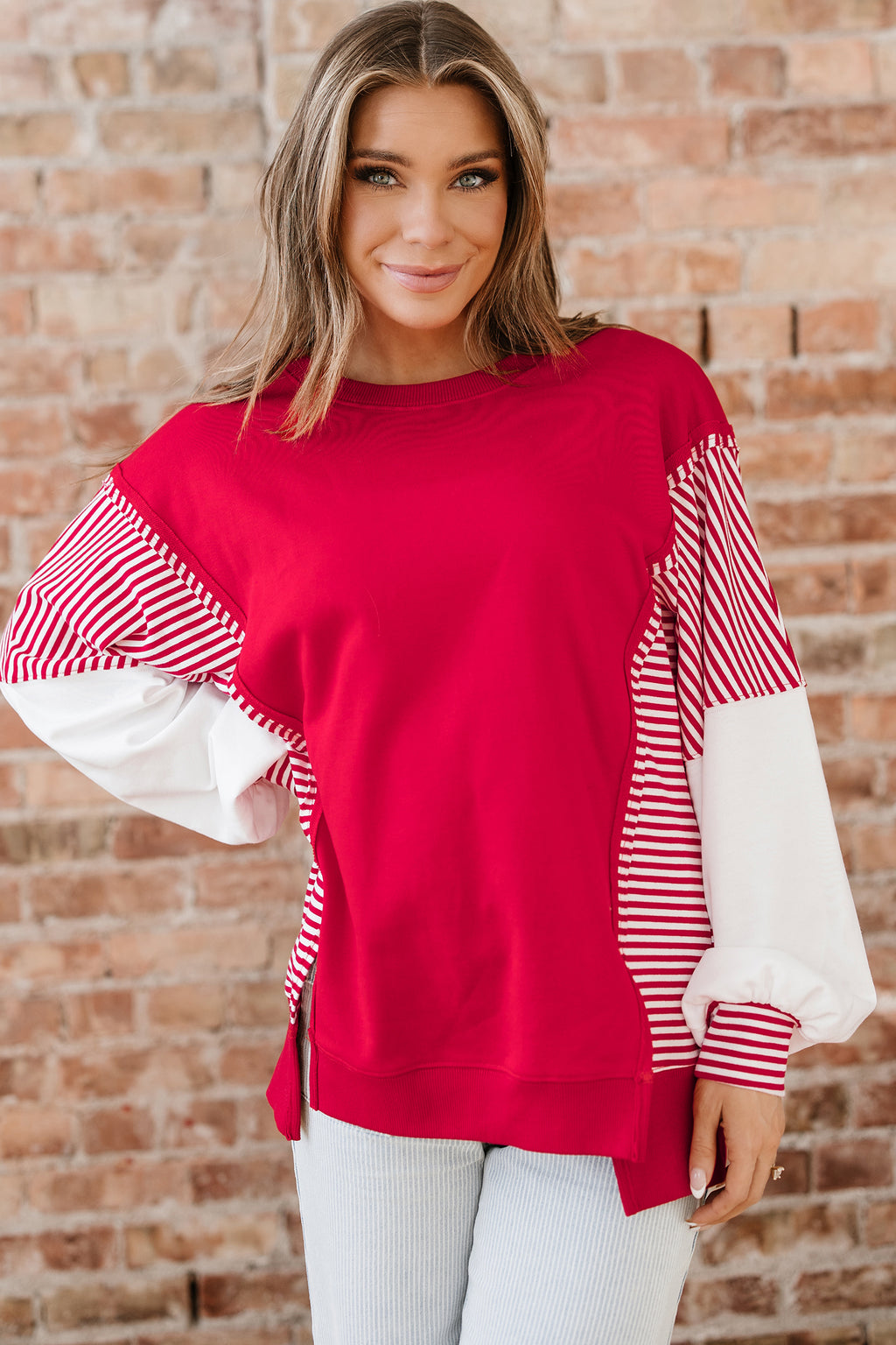 Dark Blue Striped Patchwork Sleeve Colorblock Sweatshirt