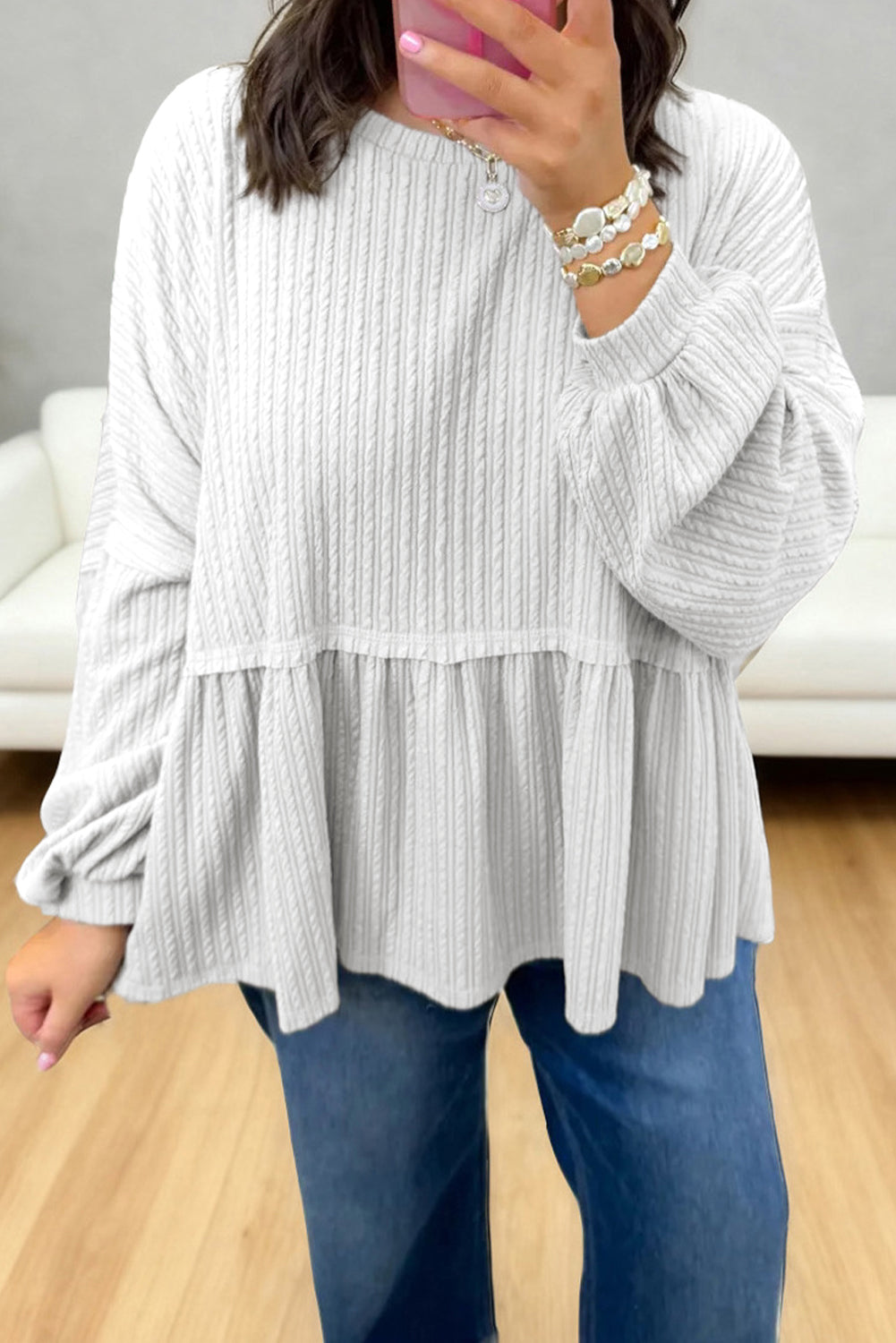 White Solid Color Textured Drop Shoulder Long Sleeve Peplum Top