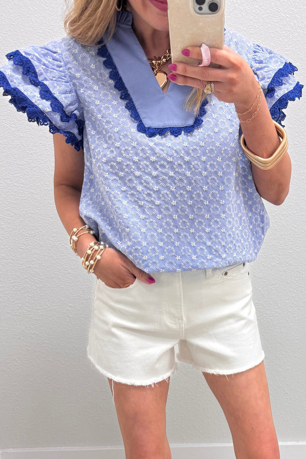 Beau Blue Flower Flutter Sleeve Blouse