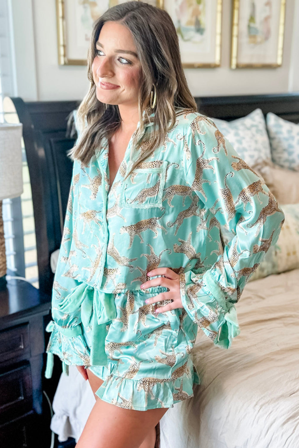 Mint Leopard Satin PJ Set